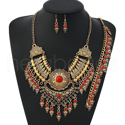 Alloy with Synthetic Turquoise Teardrop Tassel Pendant Necklaces & Dangle Earrings & Charm Bracelets Sets FS-WG69A95-03-1