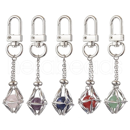 Stainless Steel Macrame Chain Pouch Round Natural Lapis Lazuli & Amethyst & Green Aventurine & Carnelian & Rose Quartz Holder Pendant Decorations HJEW-JM02050-02-1