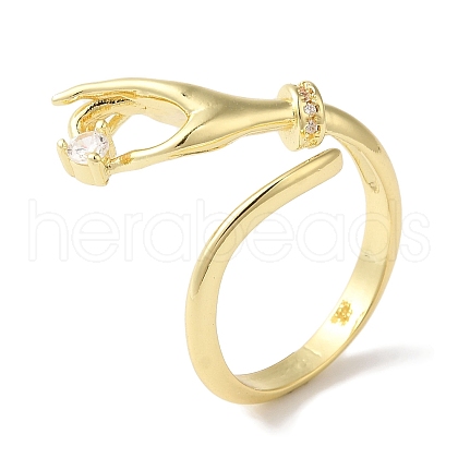 Brass Micro Pave Clear Cubic Zirconia Hand Open Cuff Rings for Women RJEW-C098-14G-1