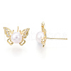 Brass Rhinestone Butterfly & Natural Pearl Stud Earrings PEAR-N020-06G-2