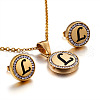 Flat Round with Letter Pattern 304 Stainless Steel Crystal Rhinestone Pendant Necklace & Stud Earring FS-WG33EDD-12-1