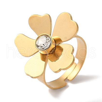 Flower Golden Ion Plating(IP) 304 Stainless Steel Rhinestone Adjustable Rings for Women RJEW-K276-02G-1