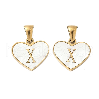 304 Stainless Steel Pave Natural White Shell Heart with Initial Slice Pendants STAS-R168-25G-X-1