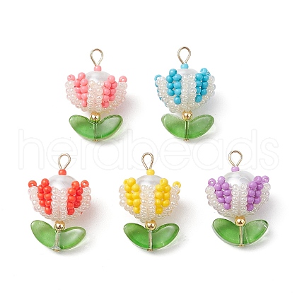 Handmade Nylon Wired Glass Beaded Pendants with Glass Pearl Round Bead and 304 Stainless Steel Flat Head Pins PALLOY-MZ00505-1