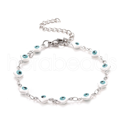 Enamel Rhombus with Evil Eye Link Chains Bracelet BJEW-P271-03P-02-1