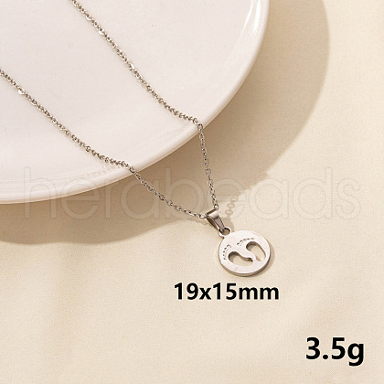 Stainless Steel Flat Round with Footprint Pendant Necklaces HK0528-5-1