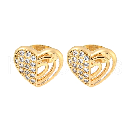 Heart Brass Pave Clear Cubic Zirconia Stud Earrings EJEW-M258-36G-1