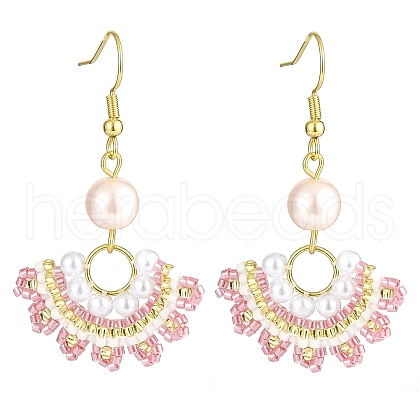 Glass Beaded Fan with Imitation Pearl Dangle Earrings EJEW-MZ00067-02-1