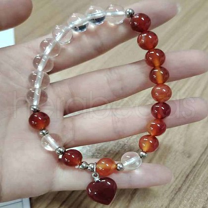 Round Natural Carnelian & Quartz Crystal Beaded Stretch Bracelets XW2849-5-1