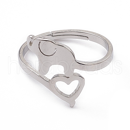 201 Stainless Steel Elephant with Heart Adjustable Ring for Women RJEW-K238-07P-1