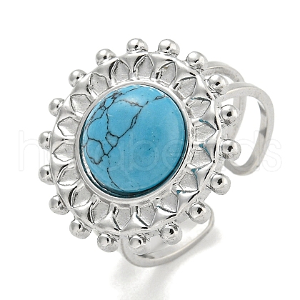 304 Stainless Steel Synthetic Turquoise Cuff Rings G-Z056-08P-02-1