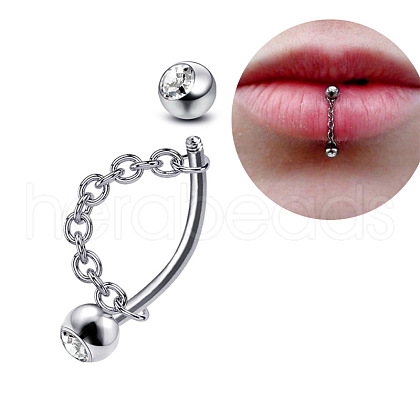 304 Stainless Steel Crystal Rhinestone Curved Barbell Lip Rings with Chains FS-WG77CC5-06-1