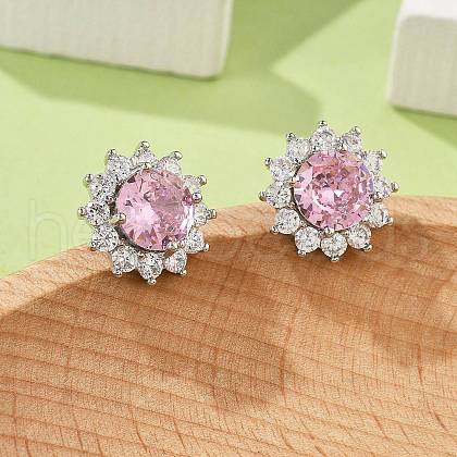 Flower Brass Micro Pave Clear Cubic Zirconia Stud Earrings for Women EJEW-G428-17P-1