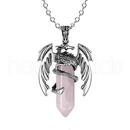 Natural Rose Quartz Bullet with Dragon Pendant Necklace with Zinc Alloy Chains PW-WG99720-05-1