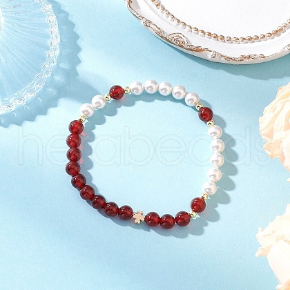 Shell Pearl Bead & Natural Carnelian Round Beaded Bracelets for Women BJEW-JB11937-01-1