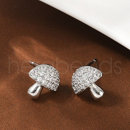 Mushroom Brass Micro Pave Clear Cubic Zirconia Stud Earrings EJEW-F895-17P-1