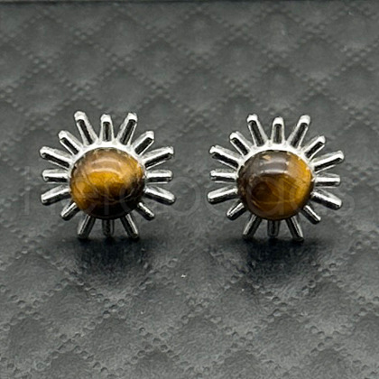 Alloy Natural Tiger Eye Flower Stud Earrings OL8231-6-1