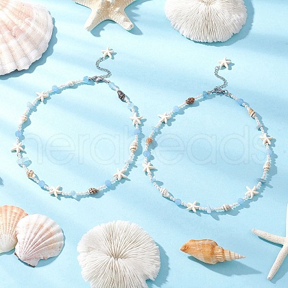 Summer Natural Dyed Aquamarine & Round White Jade & Natural Sea Shell & Shell Pearl Beaded Necklaces NJEW-JN05269-1