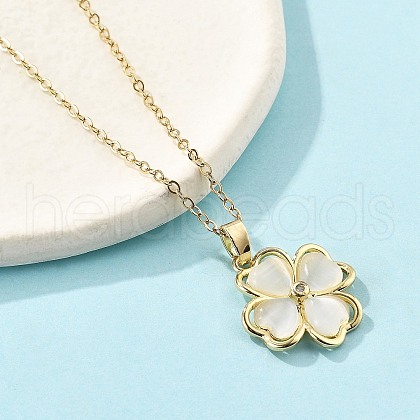 Brass Cubic Zirconia Glass Cat Eye Clover Pendant Neckalces for Women NJEW-S448-07G-1