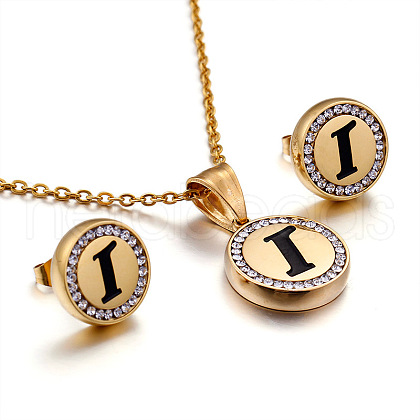 Flat Round with Letter Pattern 304 Stainless Steel Crystal Rhinestone Pendant Necklace & Stud Earring FS-WG33EDD-09-1