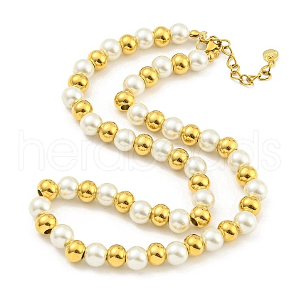 8mm 304 Stainless Steel & 201 Stainless Steel & Plastic Pearl Round Beaded Necklaces for Women NJEW-G144-03G-1