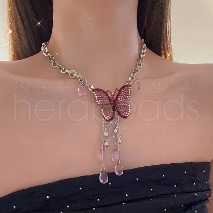 Butterfly Alloy Rose Rhinestone Pendant Necklaces for Women FS-WGF6542-01-1
