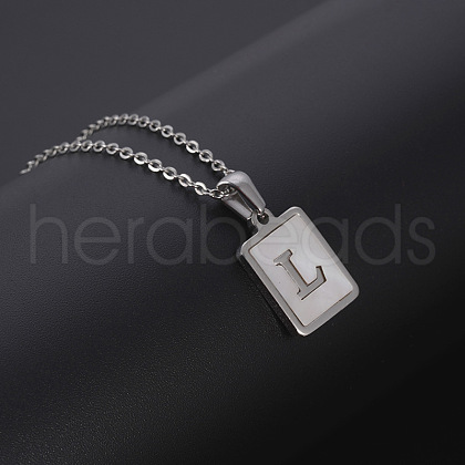 Rectangle Stainless Steel Pave Natural White Shell Pendant Necklaces FS-WG3D812-12-1
