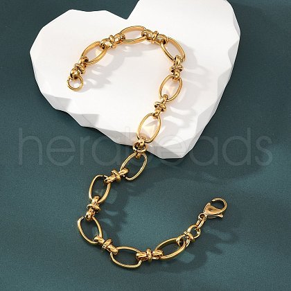Ion Plating(IP) 304 Stainless Steel Bowknot & Oval Link Chain Bracelet for Women BJEW-G669-18G-1