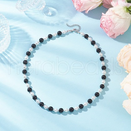Baking Painted Pearlized Glass Pearl Round Beaded Necklaces for Women NJEW-JN05307-1