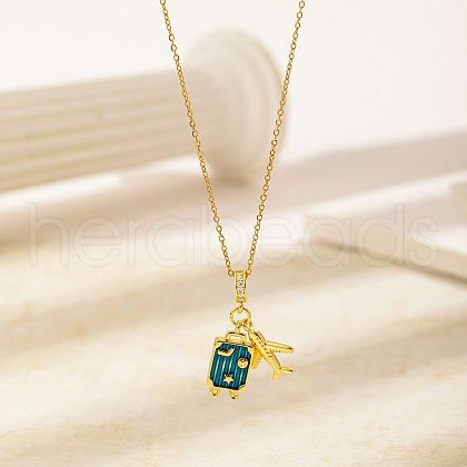 Airplane & Trunk 304 Stainless Steel Micro Pave Clear Cubic Zirconia Pendant Necklaces FS-WG81D22-03-1