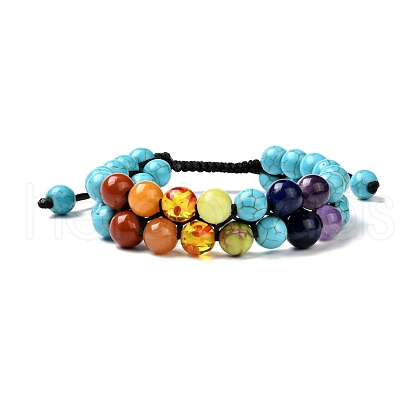 Round Synthetic Turquoise(Dyed) & Mixed Stone Braided Bead Bracelet for Girl Wome BJEW-JB06961-03-1