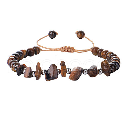 Natural Tiger Eye Round Beads & Chips Braided Bead Bracelets for Women Men MK7724-14-1