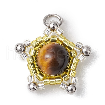 Cylinder Seed Beads & Natural Tiger Eye Beads Pendants PALLOY-MZ00508-01-1