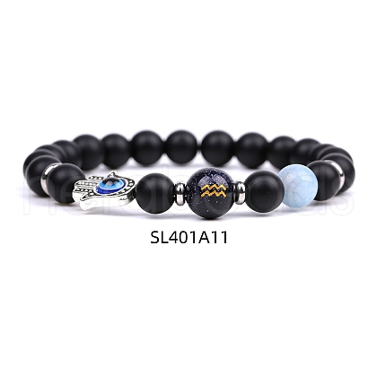 Natural Dyed & Heated Black Agate & Aquamarine Stretch Bracelets PW-WG62314-11-1