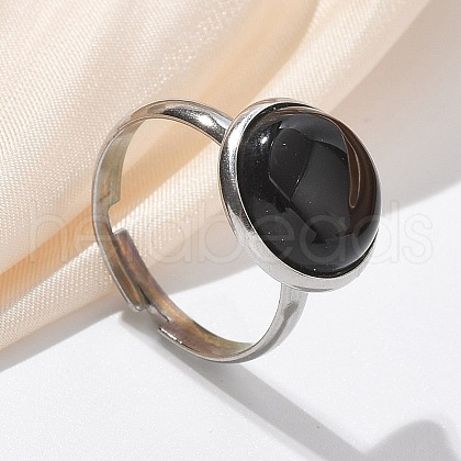 Half Round Natural Black Agate Finger Rings X-RJEW-M062-01P-05-1