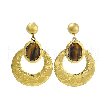 304 Stainless Steel Natural Tiger Eye Boho Stud Earrings EJEW-S244-01G-C-1