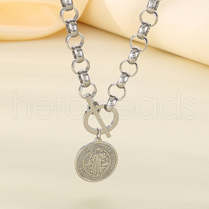 Flat Round 304 Stainless Steel Rolo Chain OT Saint Benedict Medal Pendant Necklaces for Women FS-WGC58E4-05-1