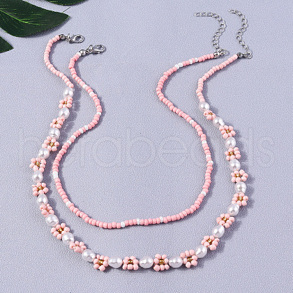 2Pcs Flower Glass Seed Beaded with Plastic Pearl Beaded Necklace Sets for Women FS-WGE85A7-24-1