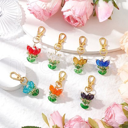 7Pcs 7 Colors Flower Glass Pendants Decorations HJEW-MZ00247-1