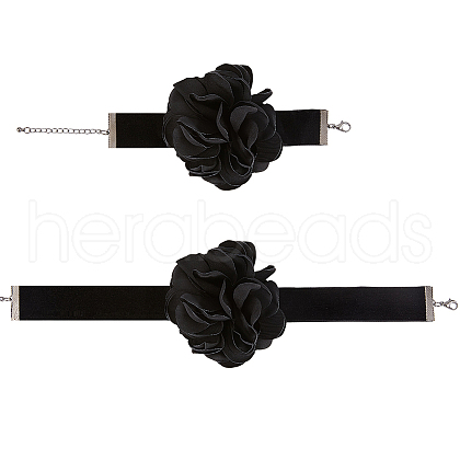 CRASPIRE Gothic Cloth Flower Cord Bracelet & Choker Necklace NJEW-CP0001-04A-1