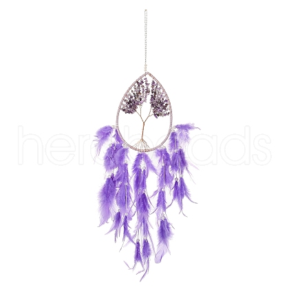 Wire Wrapped Natural Amethyst Chip Teardrop with Tree of Life Wind Chime HJEW-K067-09P-03-1