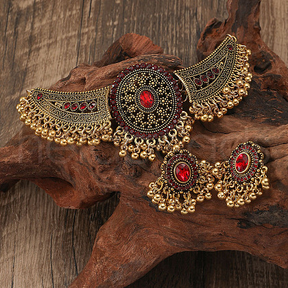 Bohemian Style Zinc Alloy & Rhinestone & Plastic Pearl Tassel Pendant Necklace & Dangle Earring FS-WG87356-05-1