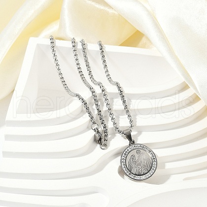 304 Stainless Steel Micro Pave Clear Cubic Zirconia Flat Round Pendant Box Chain Necklaces for Men NJEW-S387-03P-1