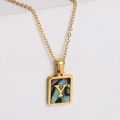 304 Stainless Steel Pave Natural Paua Shell Rectangle Initial Pendant Necklaces for Women FS-WG38E89-25-1