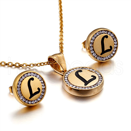Flat Round with Letter Pattern 304 Stainless Steel Crystal Rhinestone Pendant Necklace & Stud Earring FS-WG33EDD-12-1