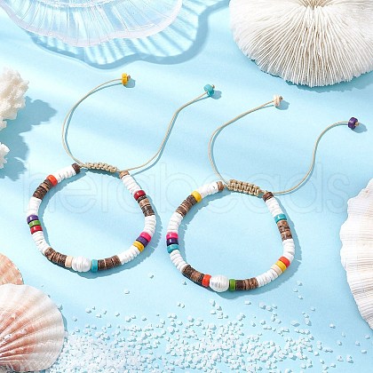 Adjustable Synthetic Turquoise Heishi & Natural Sea Shell & Coconut & Cultured Freshwater Pearl Beaded Braided Bead Bracelets for Women BJEW-JB11543-1