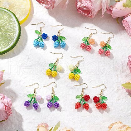 Flower with Cherry 304 Stainless Steel Glass Seed Beads Dangle Earrings EJEW-MZ00419-1