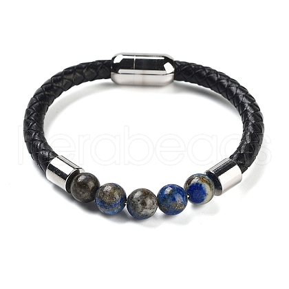 Natural Lapis Lazuli Round Bead Braided Leather Cord Bracelets for Men Women BJEW-A009-11P-03-1