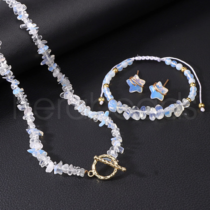 Opalite Chip with 304 Stainless Steel Beaded Necklace & Braided Bead Bracelet & Star Stud Earring FS-WG0BBF5-04-1