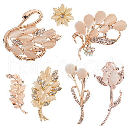 WADORN 7Pcs 7 Styles Alloy Crystal Rhinestone Brooches for Women JEWB-WR0001-11-1
